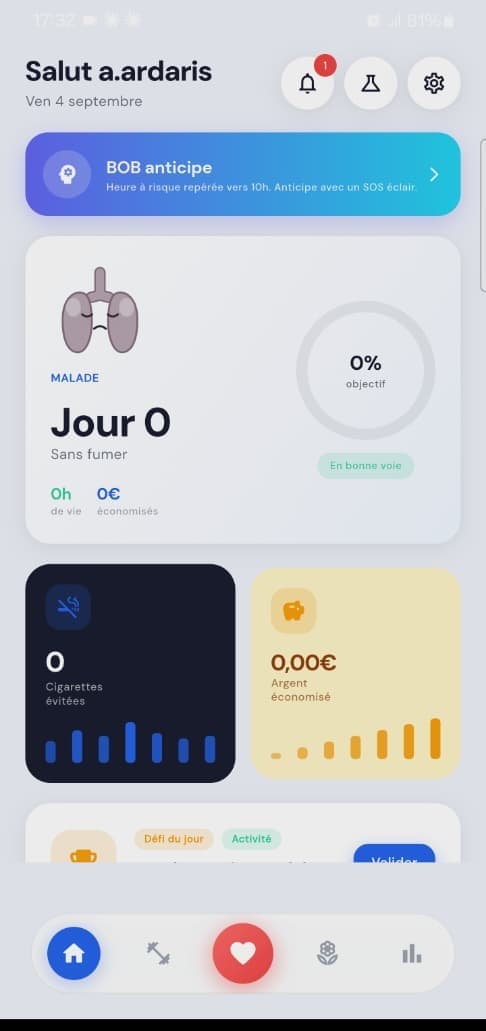 Tableau de bord de BOB en thème clair : compteur, mascotte et statistiques