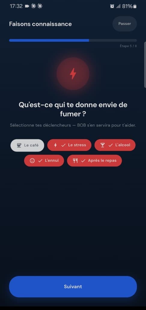 Questionnaire d'accueil : sélection des déclencheurs de l'envie de fumer