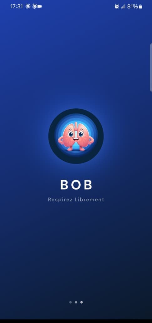 Écran d'ouverture de BOB : la mascotte-poumon et la signature Respirez librement